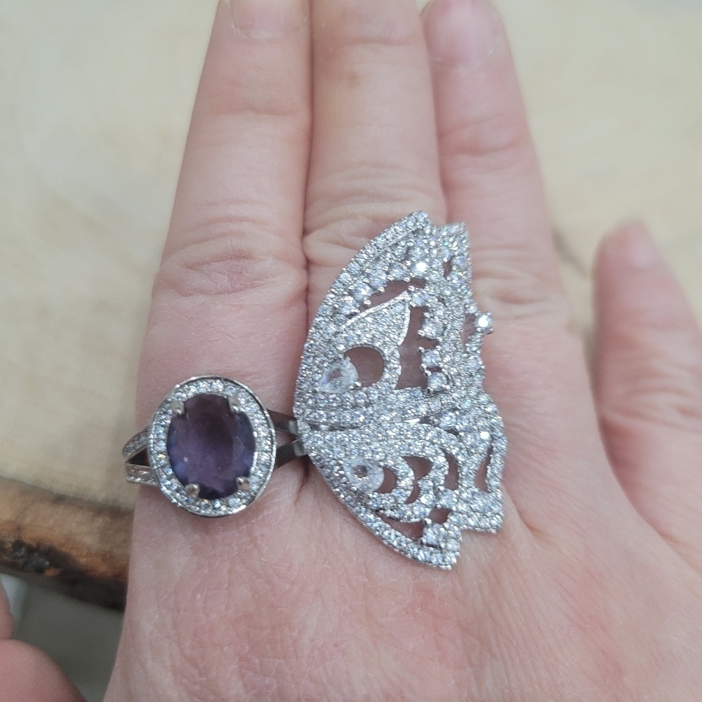 Brand New S925 Silver Purple Butterfly Rhinestone Double Fingers Ring Adjustable